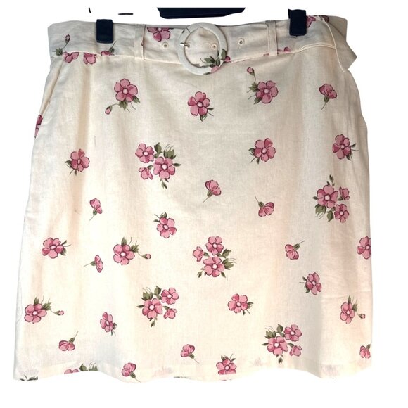 2/$30 Princess Highway Size US 8 Floral Linen Blend Skirt W/ Belt Cream & Pink - Picture 8 of 16
